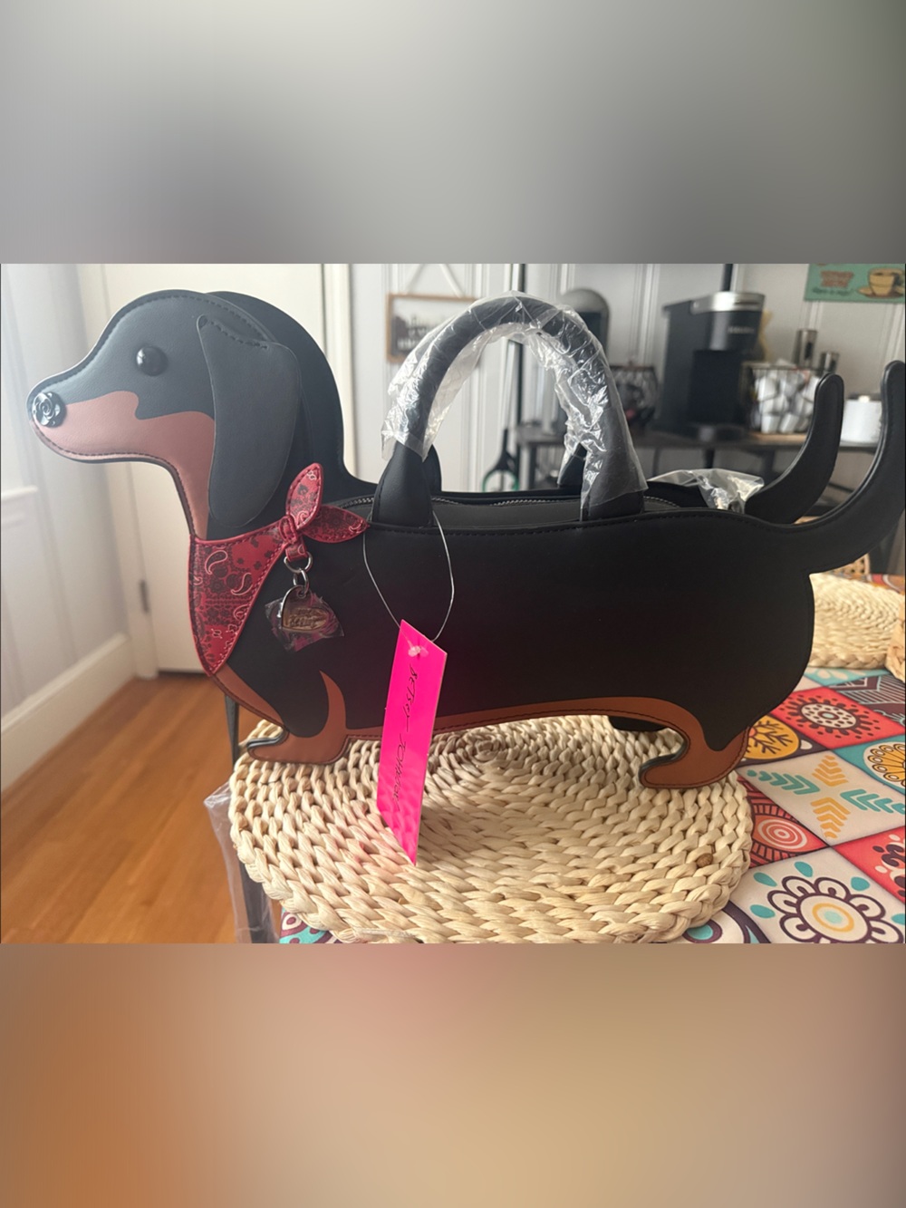 Betsey Johnson Black & Brown Dachshund Novelty Shoulder Bag with Pink Tag